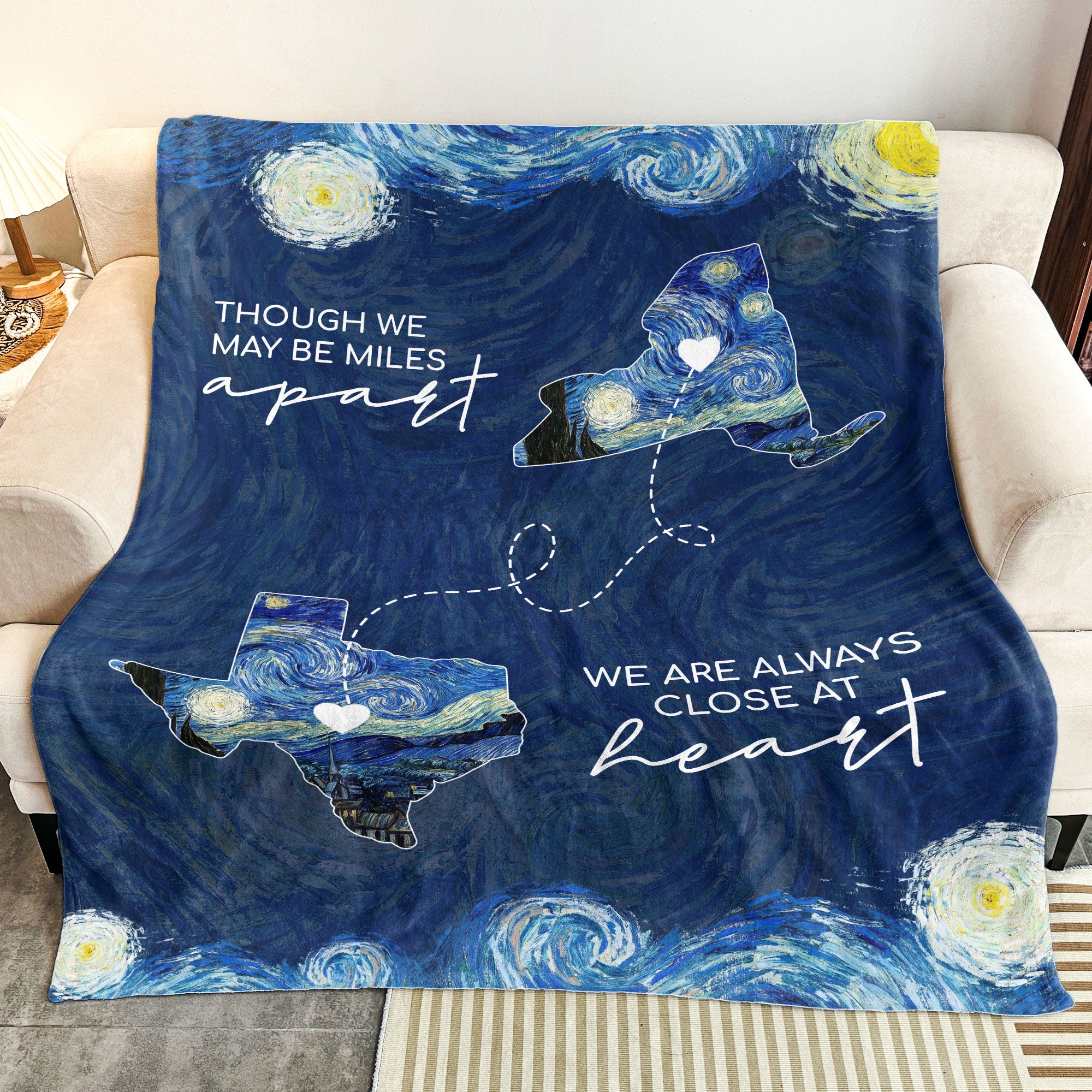 Long Distance Relationship, Custom State To State Van Gogh Style - Personalized Blanket Big Size