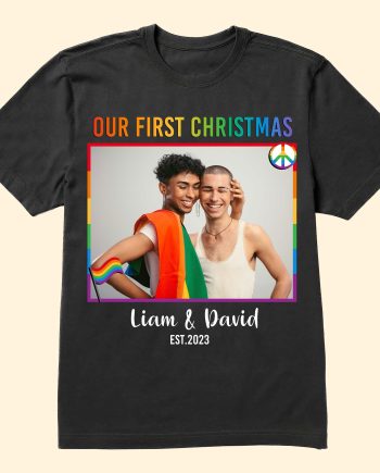 LGBT Couple Our First Christmas - Personalized Photo Matching Couple Shirt